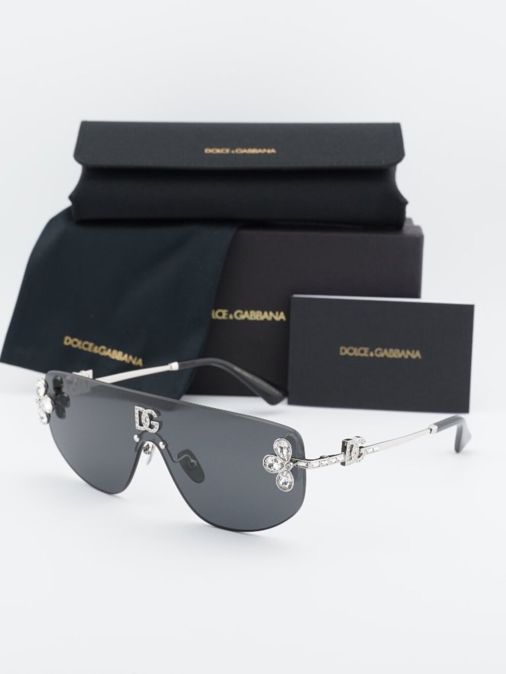 Dolce & Gabbana DG2333B 05/87 Shield Sunglasses - Silver with White Stone\Grey